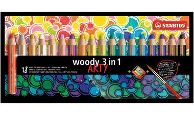 Multi-Talented Pencil - STABILO woody 3 in 1 - ARTY - Pack of 18 - Assorted Colours with Sharpener and Paint Brush