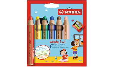 Multi-Talented Pencil - STABILO woody 3 in 1 - Pack of 6 - Assorted Colours with Sharpener