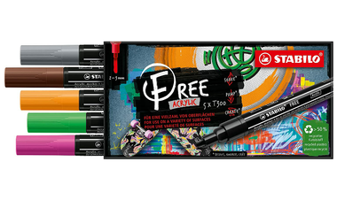 Acrylic Marker - STABILO FREE Acrylic - T300 2-3 mm Bullet Tip Vintage - Wallet of 5 - Assorted Colours