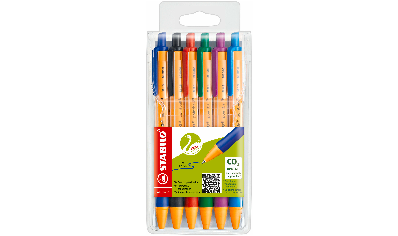 Ballpoint Pen - STABILO pointball - Pack of 6 - Red, Blue, Black, Green, Turquoise, Lilac