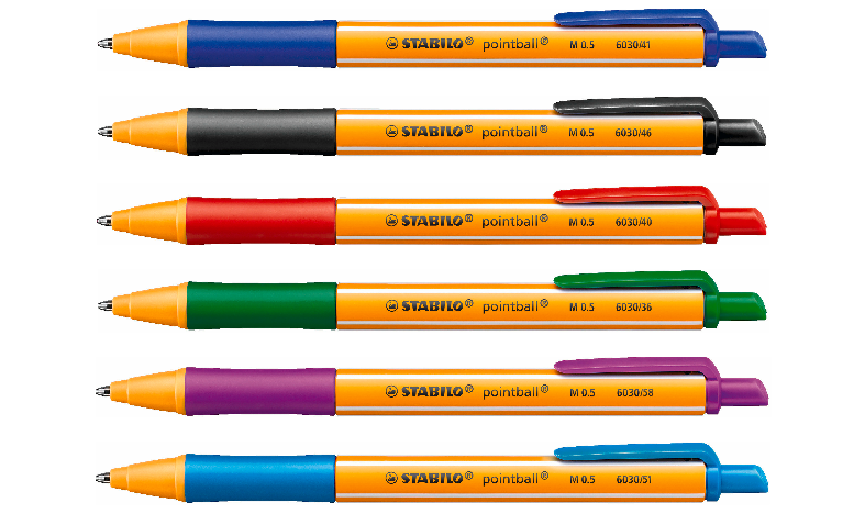 Ballpoint Pen - STABILO pointball - Pack of 6 - Red, Blue, Black, Green, Turquoise, Lilac