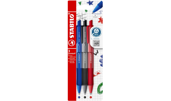 Ballpoint Pen - STABILO pointball Colourful - Pack of 3 - Ultramarine, Dark Grey and Rust Red