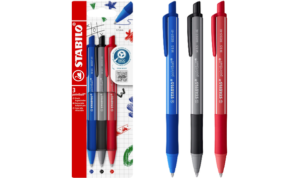 Ballpoint Pen - STABILO pointball Colourful - Pack of 3 - Ultramarine, Dark Grey and Rust Red