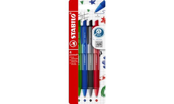 Ballpoint Pen - STABILO pointball Colourful - Pack of 4 - Dark Grey, Mint Green, Rust Red and Ultramarine