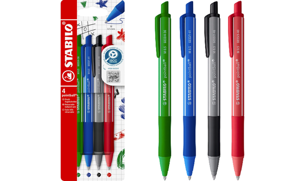 Ballpoint Pen - STABILO pointball Colourful - Pack of 4 - Dark Grey, Mint Green, Rust Red and Ultramarine