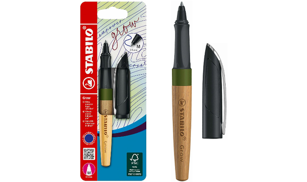 Climate-Neutral Ballpoint Pen - STABILO Grow - Pack of 1 - Moss Green/Oak including Blue Ballpoint Refill