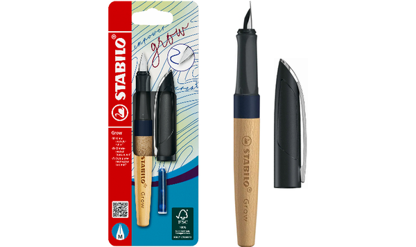 Climate-Neutral Fountain Pen - STABILO Grow - Pack of 1 - Blueberry Blue/Beech Wood including Blue Ink Cartridge