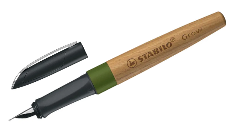 Climate-Neutral Fountain Pen - STABILO Grow - Pack of 1 - Moss Green/Oak Wood including Blue Ink Cartridge