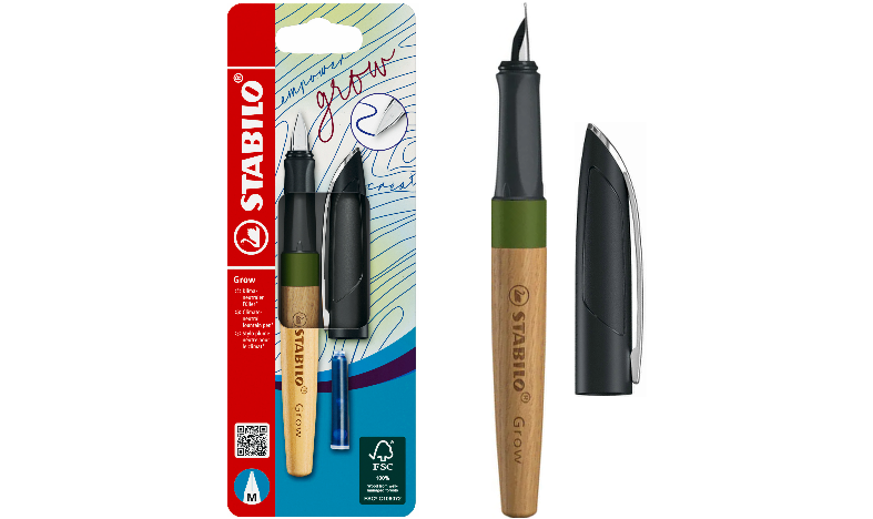Climate-Neutral Fountain Pen - STABILO Grow - Pack of 1 - Moss Green/Oak Wood including Blue Ink Cartridge