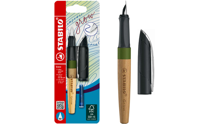 Climate-Neutral Fountain Pen - STABILO Grow - Pack of 1 - Moss Green/Oak Wood including Blue Ink Cartridge