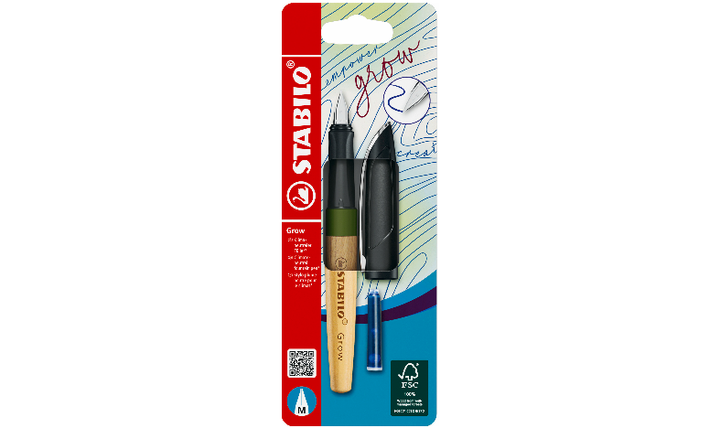Climate-Neutral Fountain Pen - STABILO Grow - Pack of 1 - Moss Green/Oak Wood including Blue Ink Cartridge