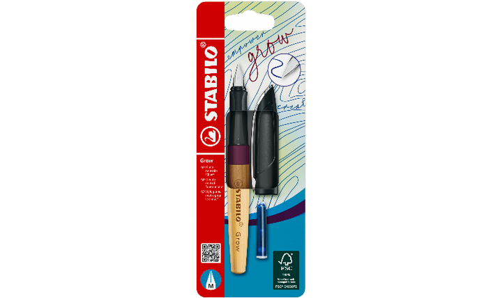 Climate-Neutral Fountain Pen - STABILO Grow - Pack of 1 - Plum Red/Cherry Wood including Blue Ink Cartridge