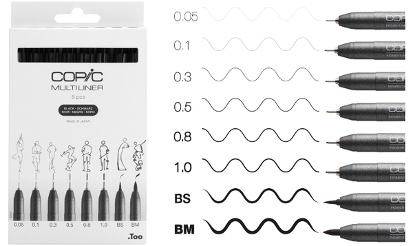 Copic MultiLiner Drawing Pen Set of 8 Black