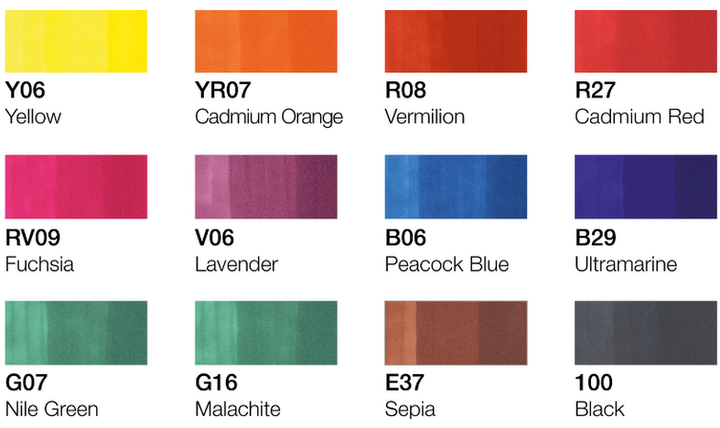 Copic Classic Marker Pen Set of 12 Bright Colours