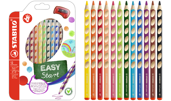Ergonomic Colouring Pencil - STABILO EASYcolors - Right-Handed - Pack of 12 - Assorted Colours with Sharpener