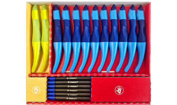 Ergonomic Rollerball - STABILO EASYoriginal - Classpack of 12 - 10 x Right-Handed Dark Blue/Light Blue + 2 x Left-Handed Lime/Green with 12 Refills