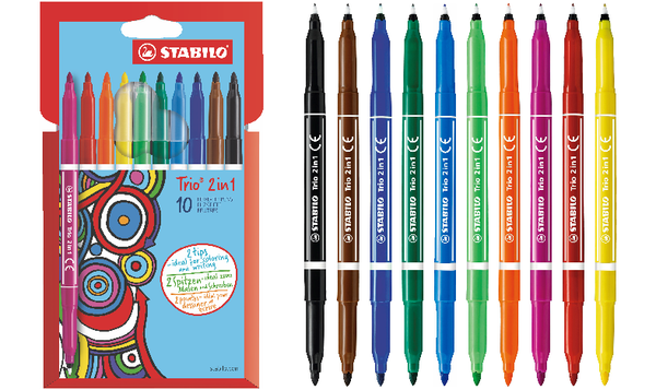 Fibre-Tip Pen and Fineliner - STABILO Trio 2 in 1 - Pack of 10 - Assorted Colours