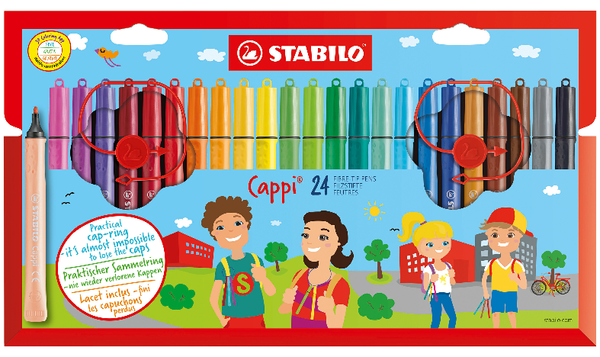 Fibre-Tip Pen with Cap-Ring - STABILO Cappi - Pack of 24 - Assorted Colours + 2 Cap-Rings