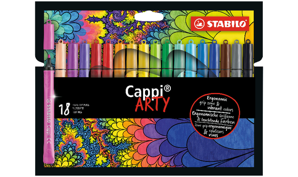 Fibre-Tip Pen with Cap-Ring - STABILO Cappi ARTY - Pack of 18 - Assorted Colours with 2 Cap-Rings