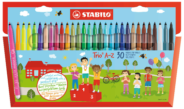 Fibre-Tip Pen with Triangular Grip Zone - STABILO Trio A-Z - Pack of 30 - Assorted Colours including 5 Neon Colours