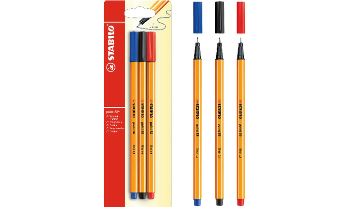 Fineliner - STABILO point 88 - Pack of 3 - Red, Blue, Black