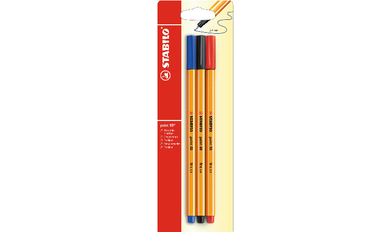 Fineliner - STABILO point 88 - Pack of 3 - Red, Blue, Black