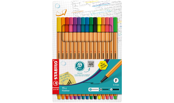 Fineliner - STABILO point 88 - Pack of 15 - Assorted Colours including 5 Neon Colours