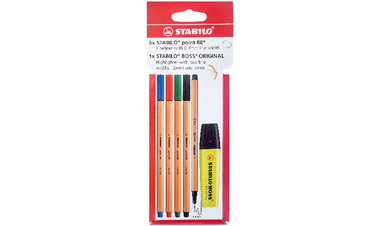 Fineliner & Highlighter Pen Set - STABILO point 88 and BOSS ORIGINAL - Pack of 6 - Assorted Colours