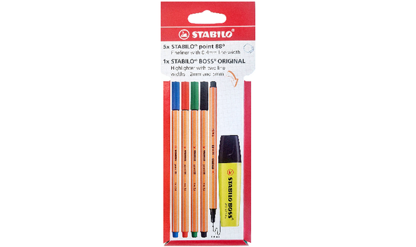 Fineliner & Highlighter Pen Set - STABILO point 88 and BOSS ORIGINAL - Pack of 6 - Assorted Colours