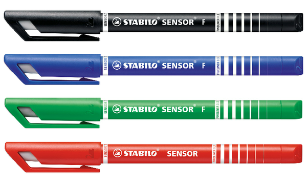 Fineliner with Cushioned F-Tip - STABILO SENSOR F - Pack of 4 - Green, Red, Blue, Black