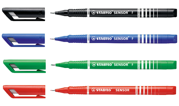 Fineliner with Cushioned F-Tip - STABILO SENSOR F - Pack of 4 - Green, Red, Blue, Black