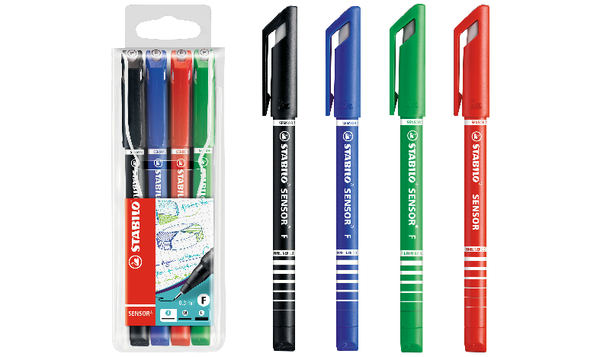 Fineliner with Cushioned F-Tip - STABILO SENSOR F - Pack of 4 - Green, Red, Blue, Black