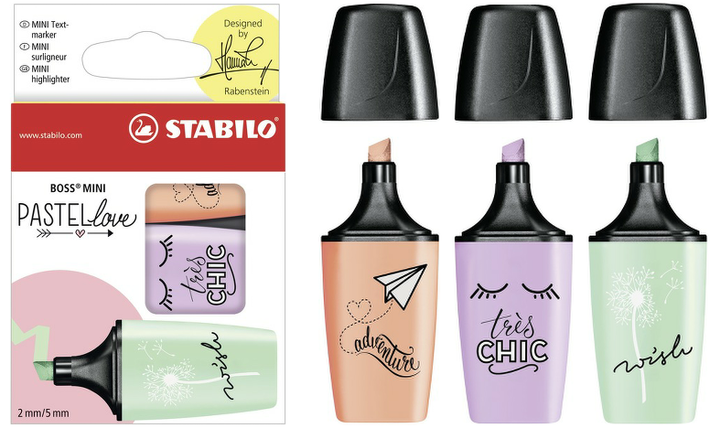Highlighter - STABILO BOSS MINI Pastellove - Pack of 3 - Peach, Purple, Mint Green