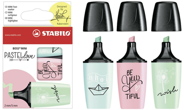 Highlighter - STABILO BOSS MINI Pastellove - Pack of 3 - Turquoise, Blush, Mint Green