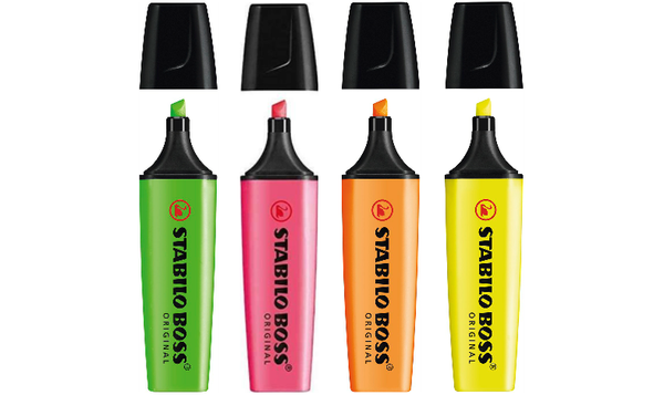 Highlighter - STABILO BOSS ORIGINAL - Pack of 4 - Yellow, Orange, Green, Pink