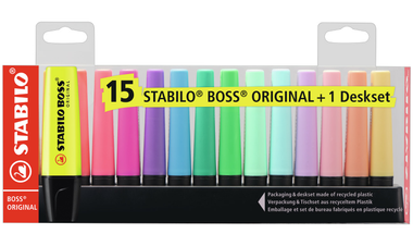 Highlighter - STABILO BOSS ORIGINAL - Deskset of 15 - 9 Fluorescent Colours + 6 Pastel Colours