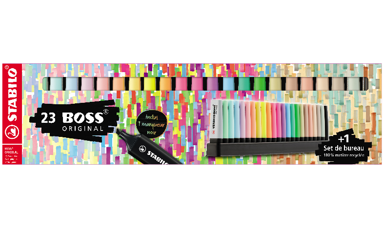 Highlighter - STABILO BOSS ORIGINAL - Deskset of 23 - 8 x Neon Colours, 8 x Pastel Colours, 6 x Nature Colours and 1 x Black Marker
