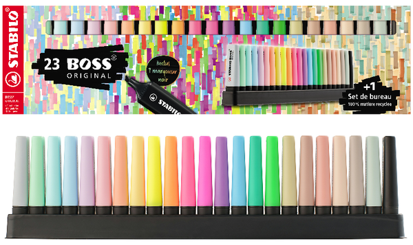 Highlighter - STABILO BOSS ORIGINAL - Deskset of 23 - 8 x Neon Colours, 8 x Pastel Colours, 6 x Nature Colours and 1 x Black Marker