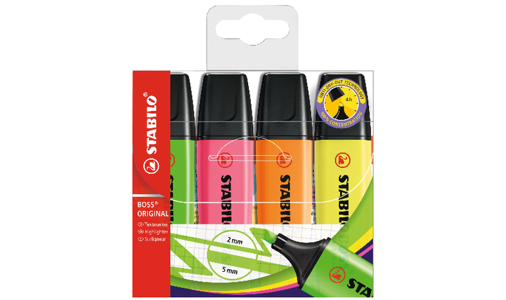 Highlighter - STABILO BOSS ORIGINAL - Wallet of 4 - Yellow, Orange, Green, Pink