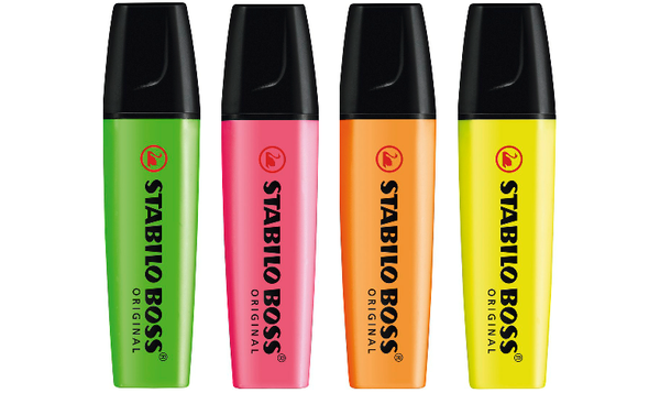 Highlighter - STABILO BOSS ORIGINAL - Pack of 4 - Yellow, Orange, Green, Pink