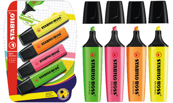 Highlighter - STABILO BOSS ORIGINAL - Pack of 4 - Yellow, Orange, Green, Pink