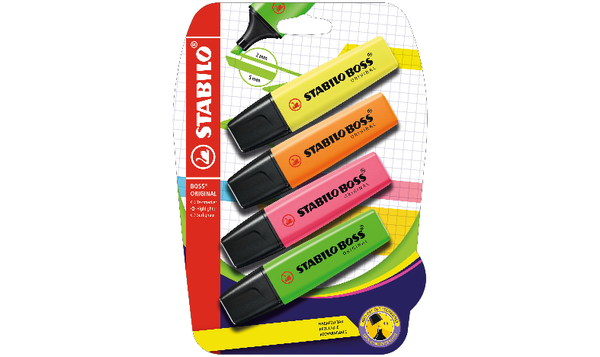 Highlighter - STABILO BOSS ORIGINAL - Pack of 4 - Yellow, Orange, Green, Pink