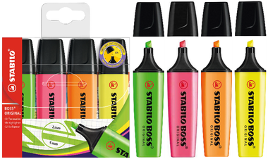 Highlighter - STABILO BOSS ORIGINAL - Wallet of 4 - Yellow, Orange, Green, Pink