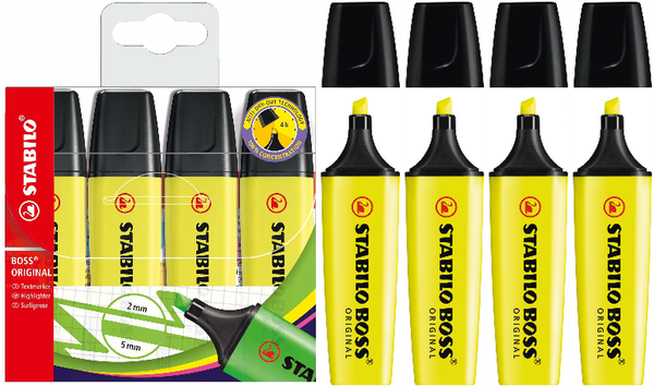 Highlighter - STABILO BOSS ORIGINAL - Pack of 4 - Yellow