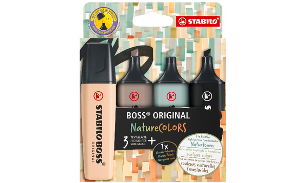 Highlighter - STABILO BOSS ORIGINAL NatureCOLORS - Pack of 4 - Beige, Warm Grey, Earth Green, Black