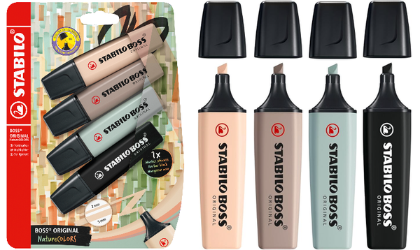 Highlighter - STABILO BOSS ORIGINAL NatureCOLORS - Pack of 4 - Beige, Warm Grey, Earth Green, Black
