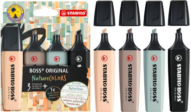 Highlighter - STABILO BOSS ORIGINAL NatureCOLORS - Pack of 4 - Beige, Warm Grey, Earth Green, Black
