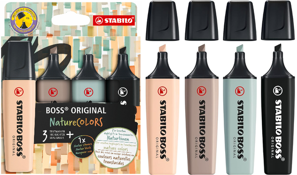 Highlighter - STABILO BOSS ORIGINAL NatureCOLORS - Pack of 4 - Beige, Warm Grey, Earth Green, Black