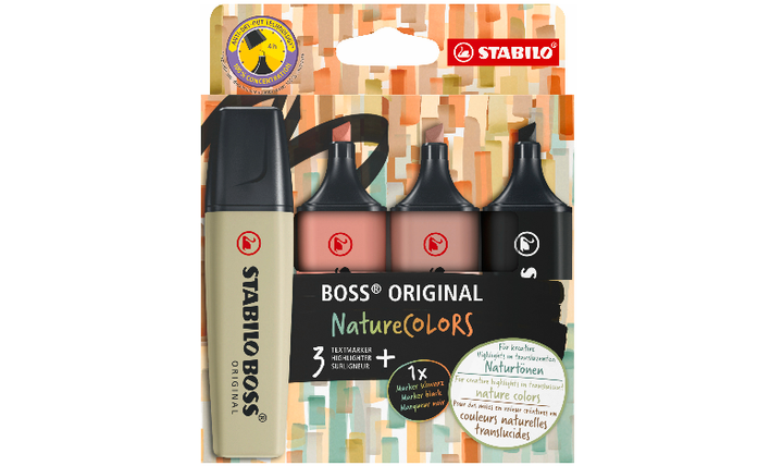 Highlighter - STABILO BOSS ORIGINAL NatureCOLORS - Pack of 4 - Mud Green, Sienna, Umber, Black