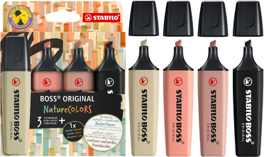 Highlighter - STABILO BOSS ORIGINAL NatureCOLORS - Pack of 4 - Mud Green, Sienna, Umber, Black
